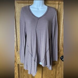 LOGO Lori Goldstein Gray Pink Striped Asymmetrical V Neck Tunic Top Size XS